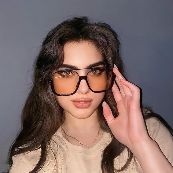 Retro Oversized Aviator Sunglasses for Women Men Double Bridge Square Pilot Shades 70s Trendy Fashion Sun Glasses