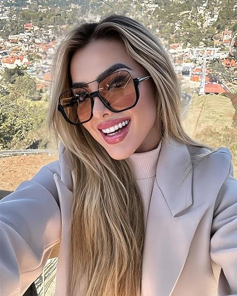 Retro Oversized Aviator Sunglasses for Women Men Double Bridge Square Pilot Shades 70s Trendy Fashion Sun Glasses