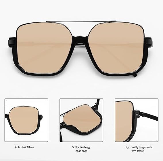 Retro Oversized Aviator Sunglasses for Women Men Double Bridge Square Pilot Shades 70s Trendy Fashion Sun Glasses