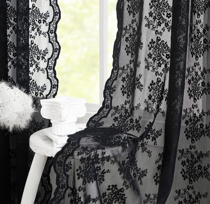 Black Sheer Lace Curtains 84 Inch Long Victorian Goth Style Rod Pocket Window Curtains for Living Room Bedroom Vintage Gothic Decor