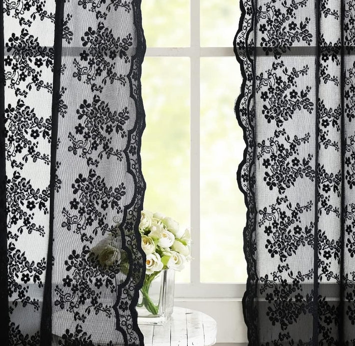 Black Sheer Lace Curtains 84 Inch Long Victorian Goth Style Rod Pocket Window Curtains for Living Room Bedroom Vintage Gothic Decor