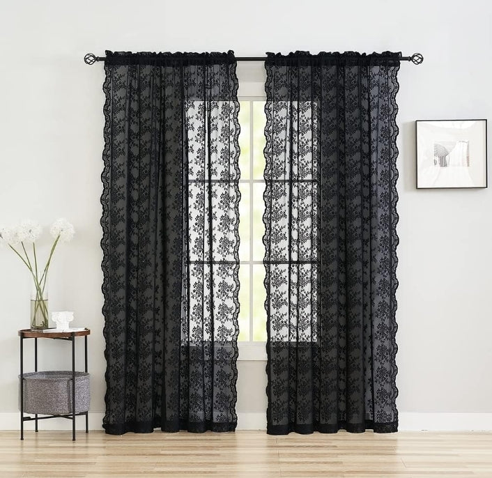 Black Sheer Lace Curtains 84 Inch Long Victorian Goth Style Rod Pocket Window Curtains for Living Room Bedroom Vintage Gothic Decor
