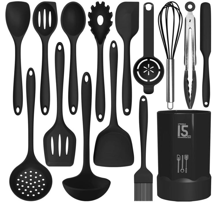 Silicone Cooking Utensils Set Heat Resistant 446°F BPA Free Kitchen Tools Turner Tongs Spatula Spoon Brush Whisk for Nonstick Cookware Dishwasher Safe