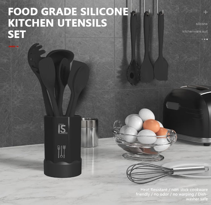 Silicone Cooking Utensils Set Heat Resistant 446°F BPA Free Kitchen Tools Turner Tongs Spatula Spoon Brush Whisk for Nonstick Cookware Dishwasher Safe